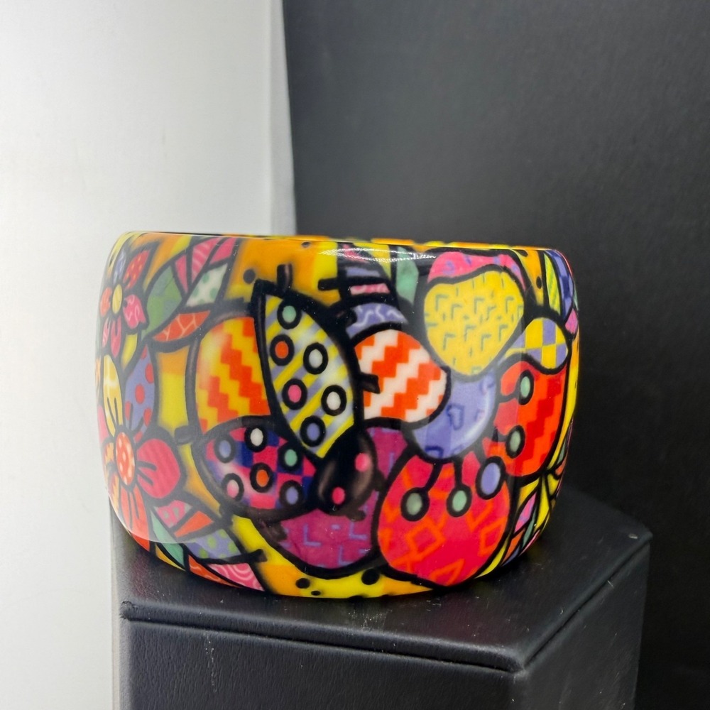 Retro Colorful Bangle Bracelet Wide Chunky Bright Flowers 8.5"
